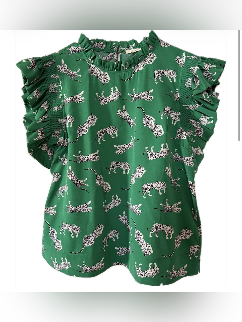 JODIFL Green Ruffled Sleeves White Tiger Blouse Shirt